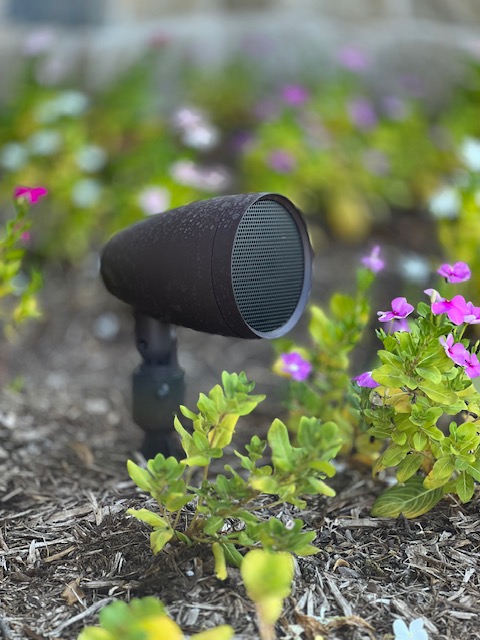 Outdoor landscape speaker installed among flowers in garden