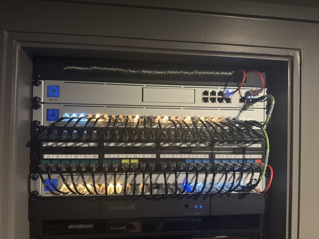 Ubiquiti network switch and Control4 in structured wiring panel